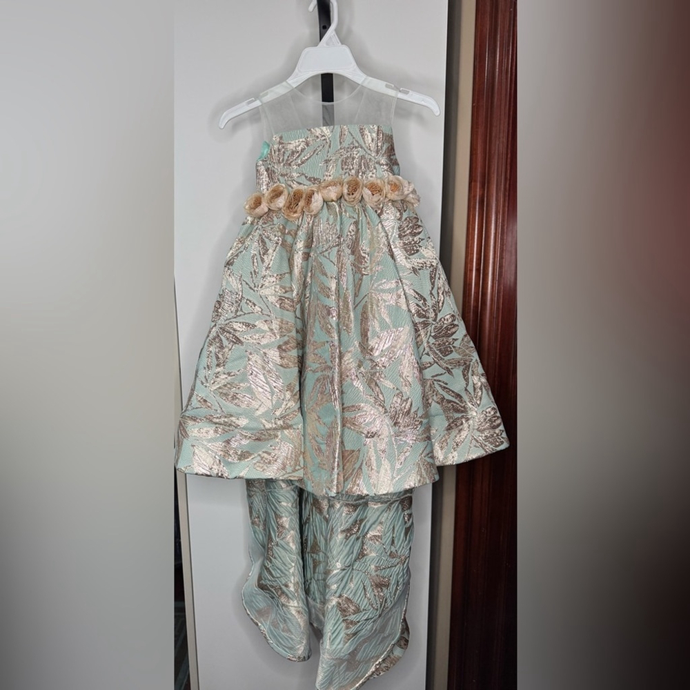 Handmade Elegant hi low with train Floral Dress with Gold Accents